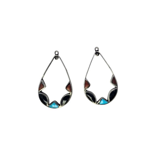 Zuni-Style Sterling Silver Multi-Stone Inlay Convertible Teardrop Earrings - Picture 13 of 16